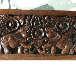 Vintage Ornate Hand Carved Wooden Elephant Floral Wall Panel Made in Thailand